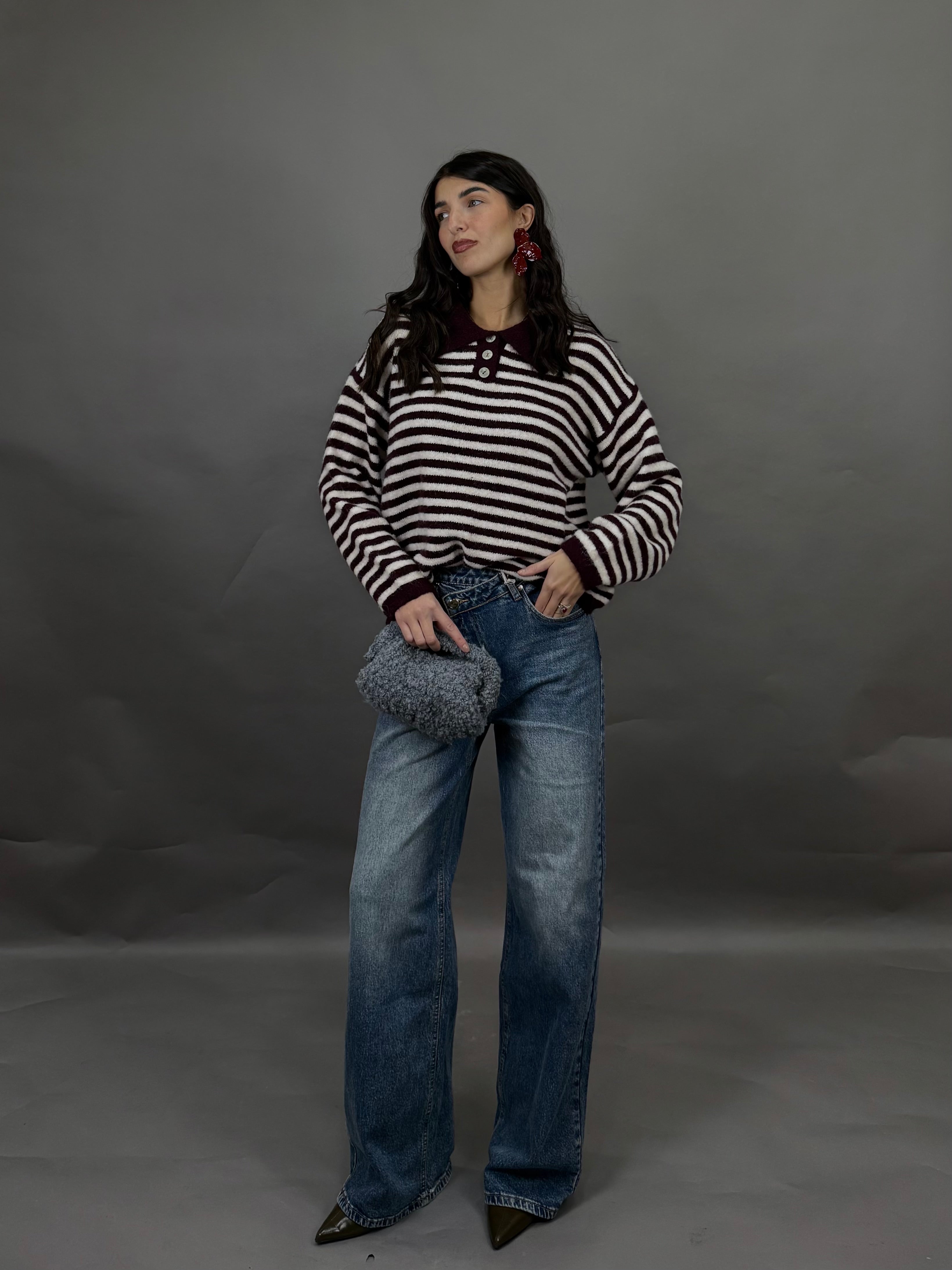 Maglione polo righe bordeaux