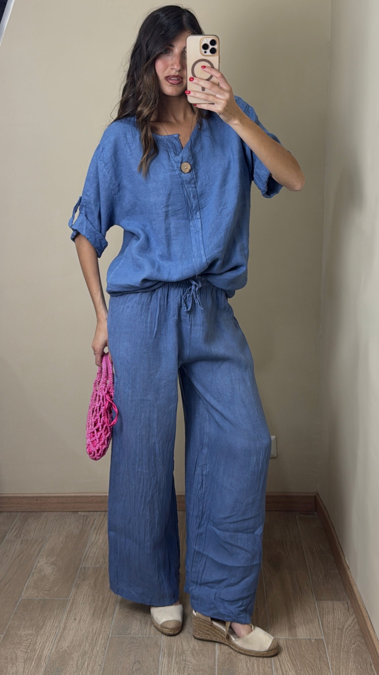 Pantalone lino blu denim