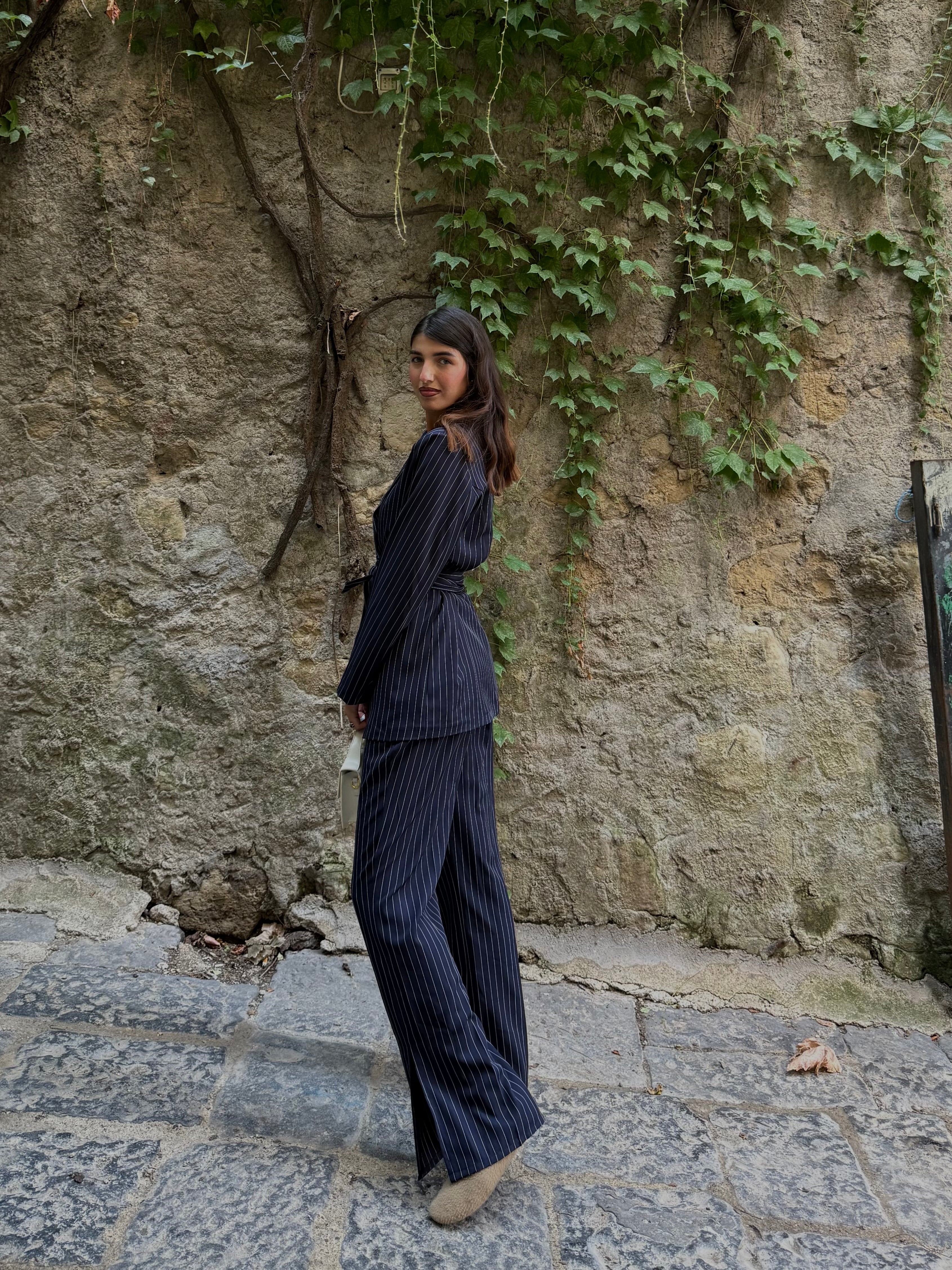 Tailleur gessato blu