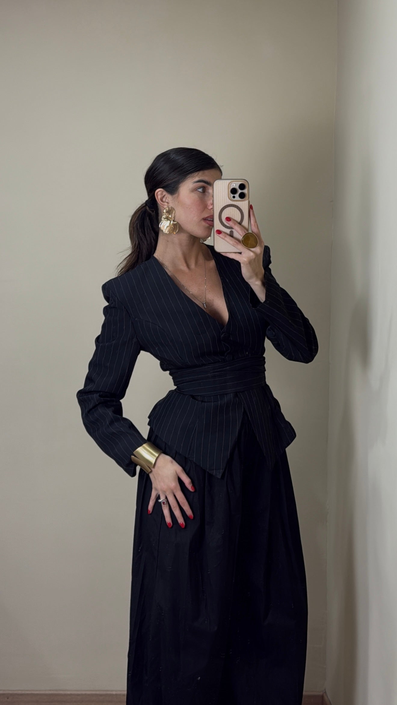 Blazer gessato con cintura