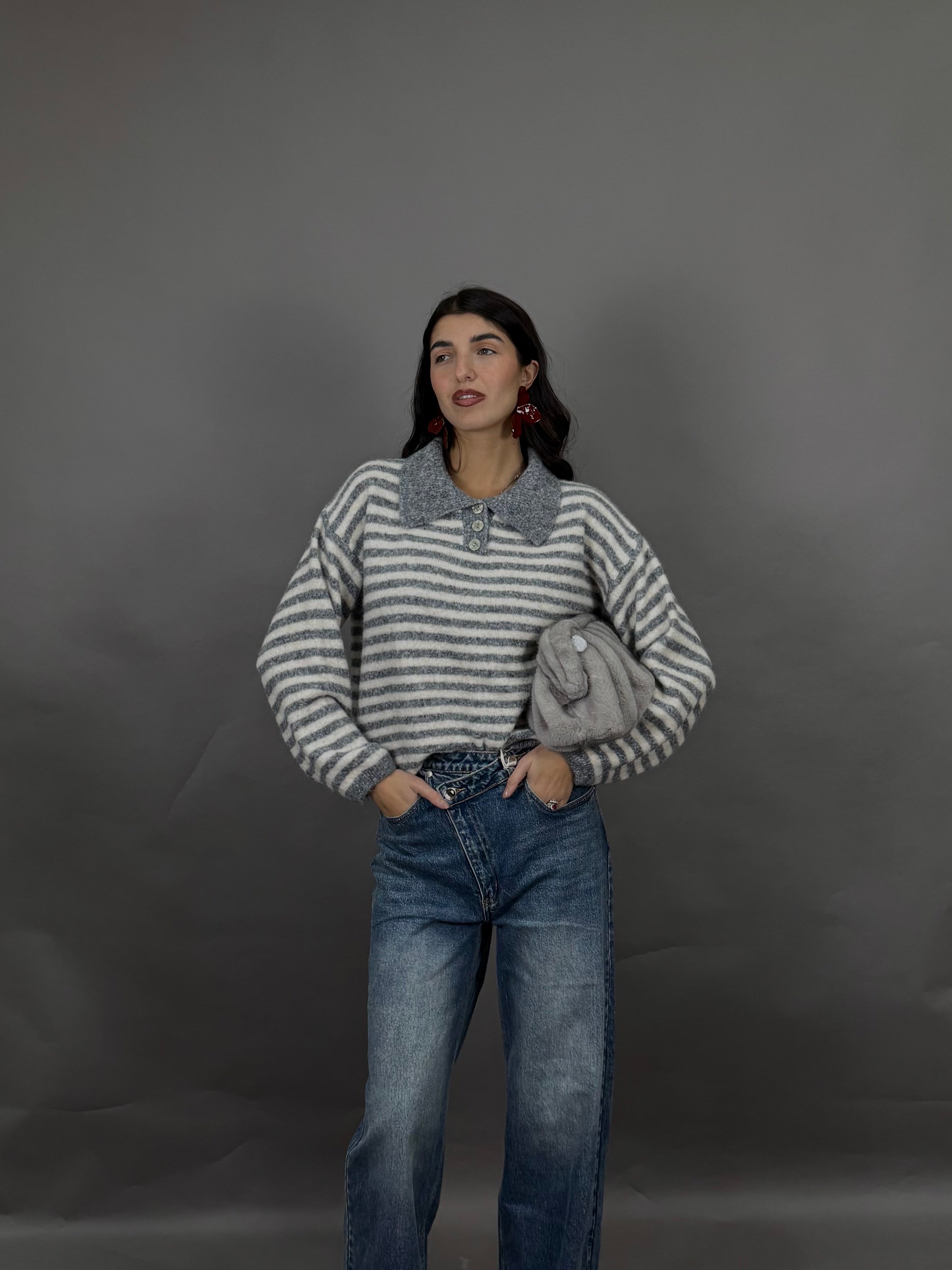 Maglione polo righe grigio