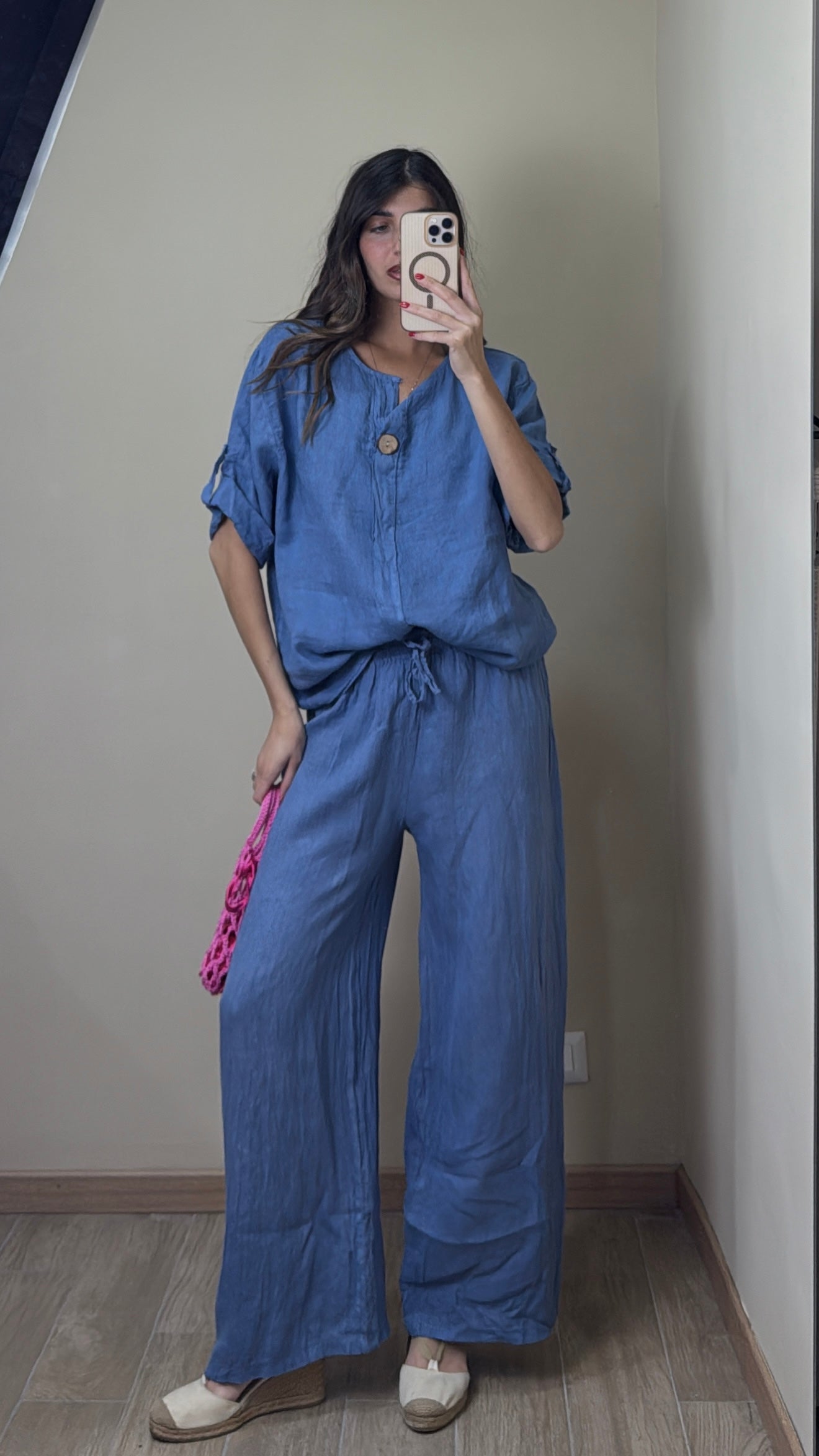 Pantalone lino blu denim