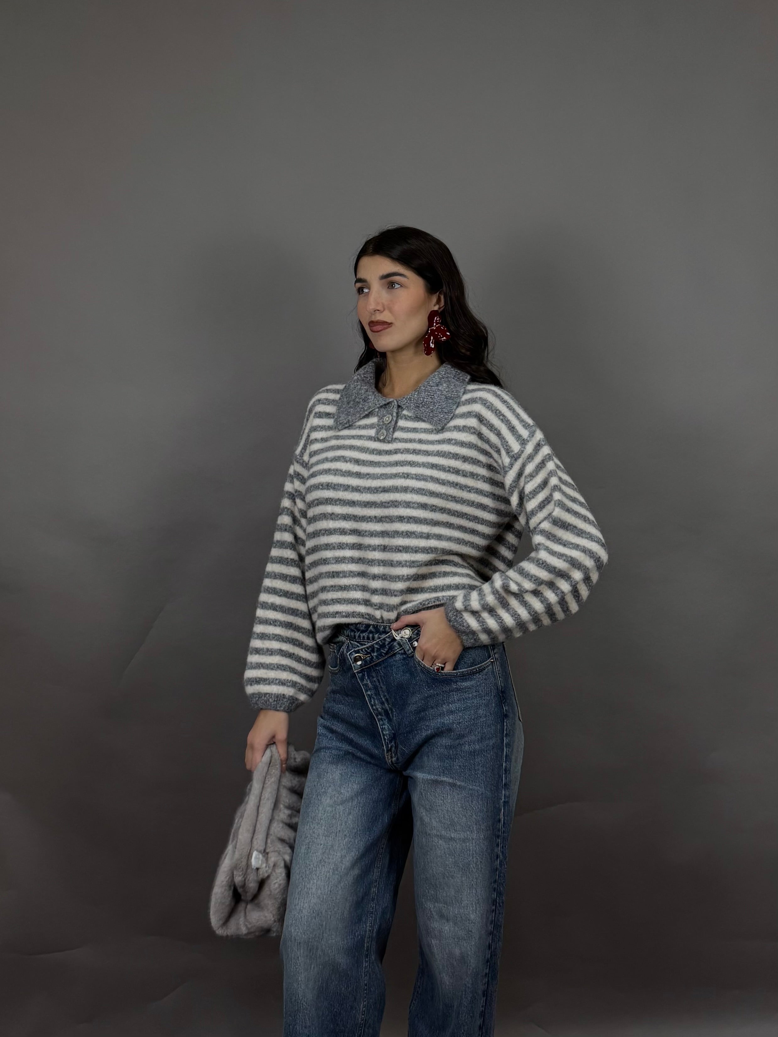 Maglione polo righe grigio