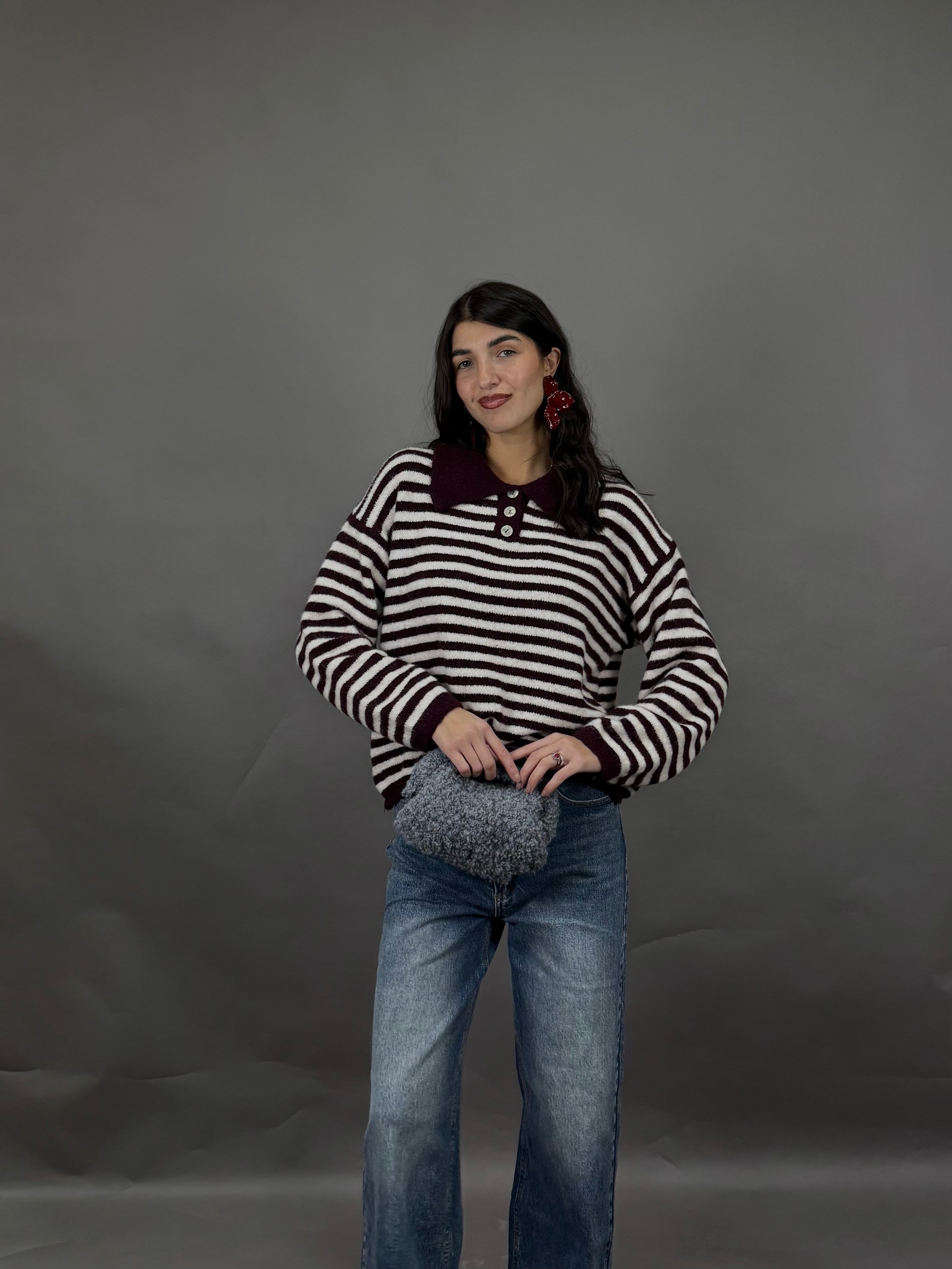 Maglione polo righe bordeaux