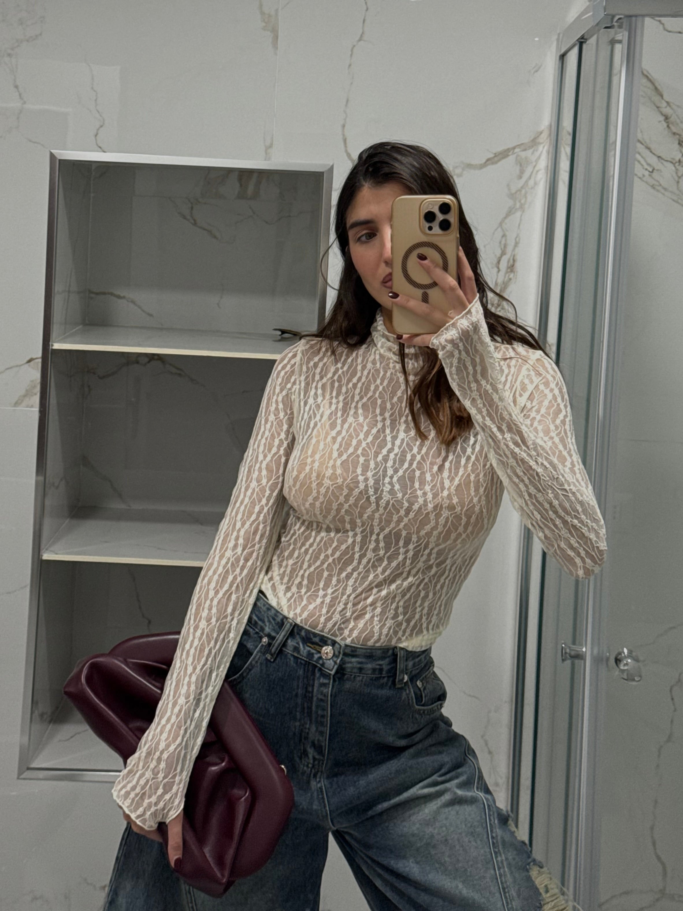 Maglia guanto pizzo panna