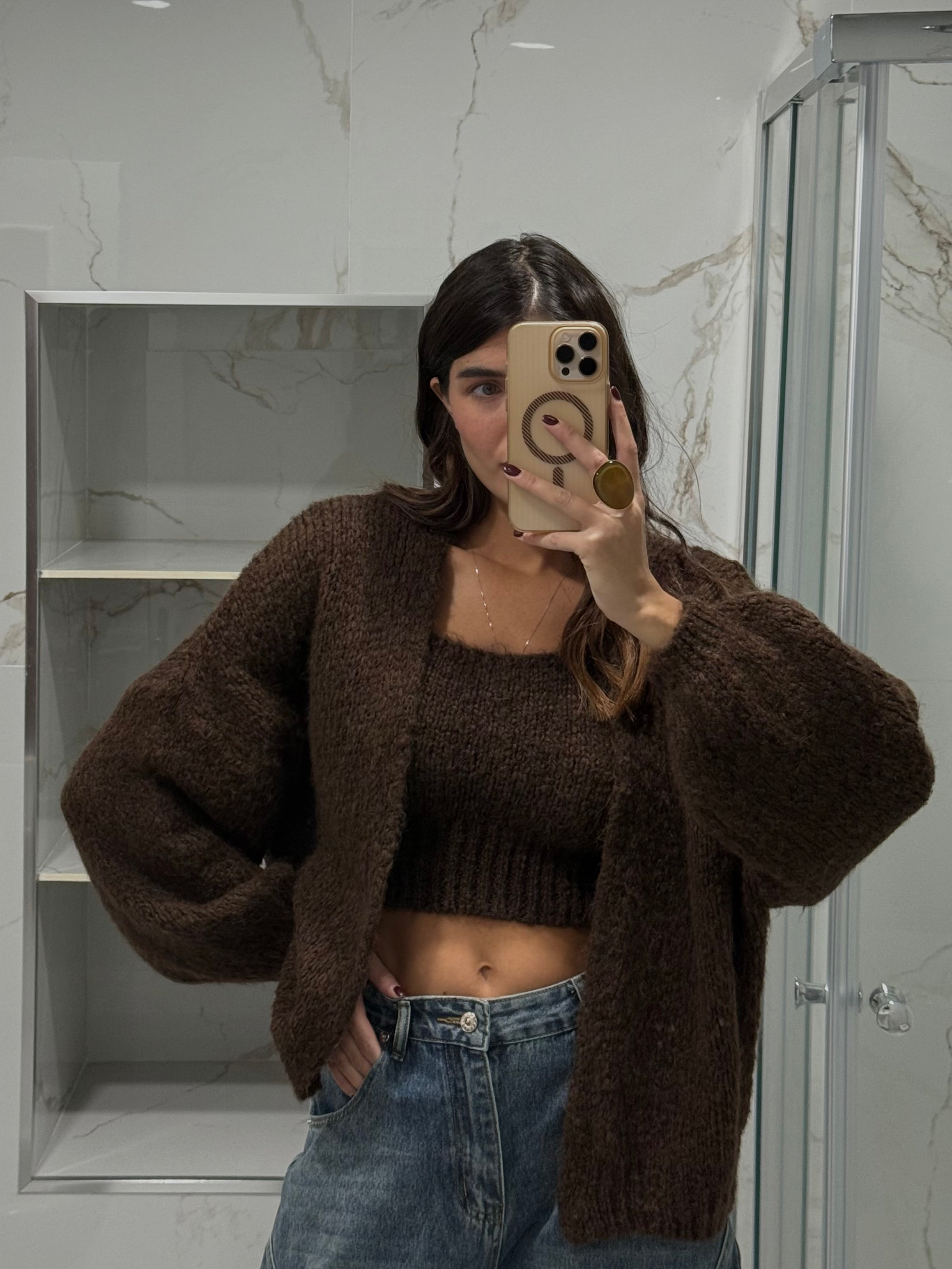 Cardigan + top marrone