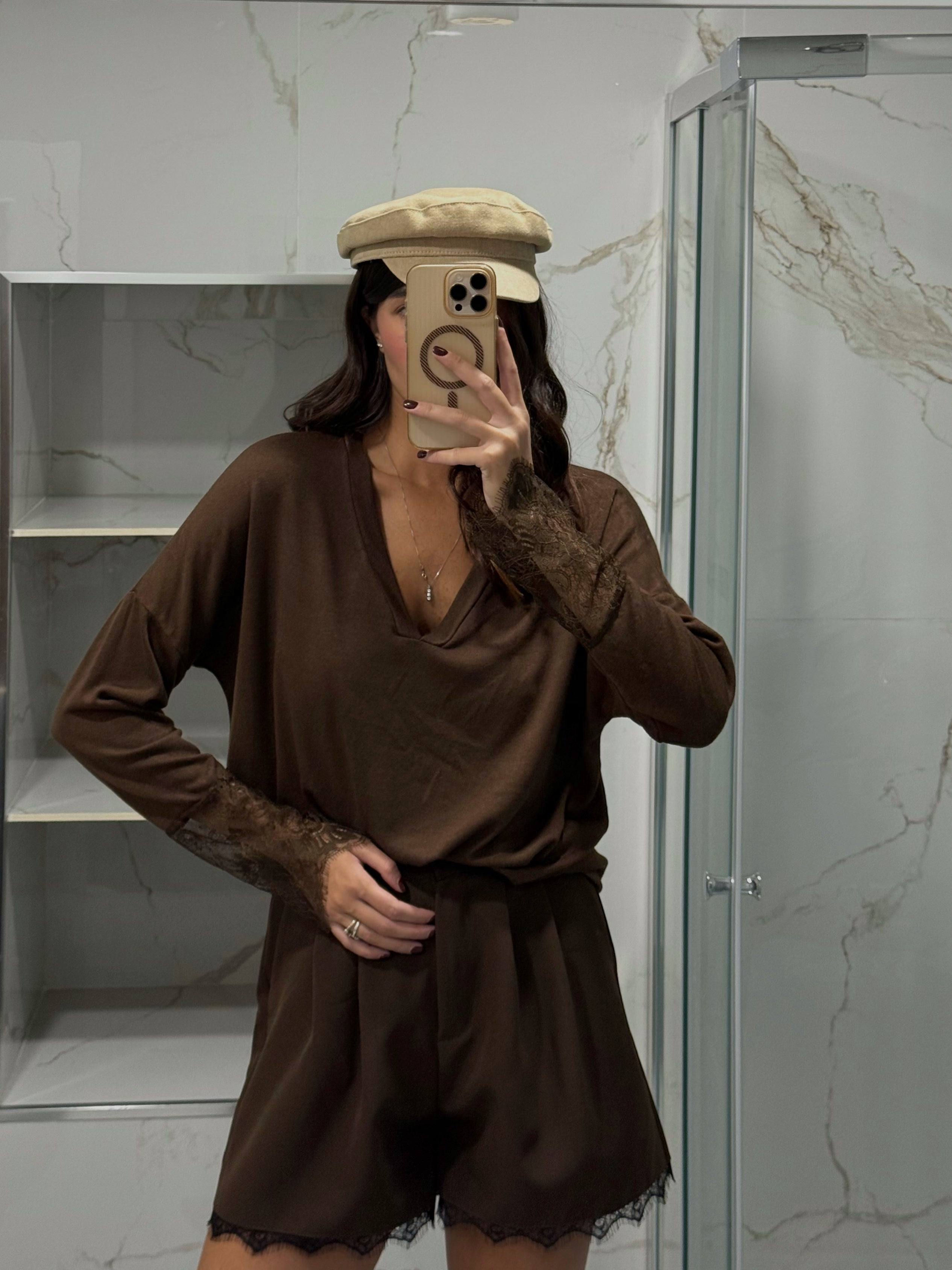 Maglia scollo a V pizzo marrone