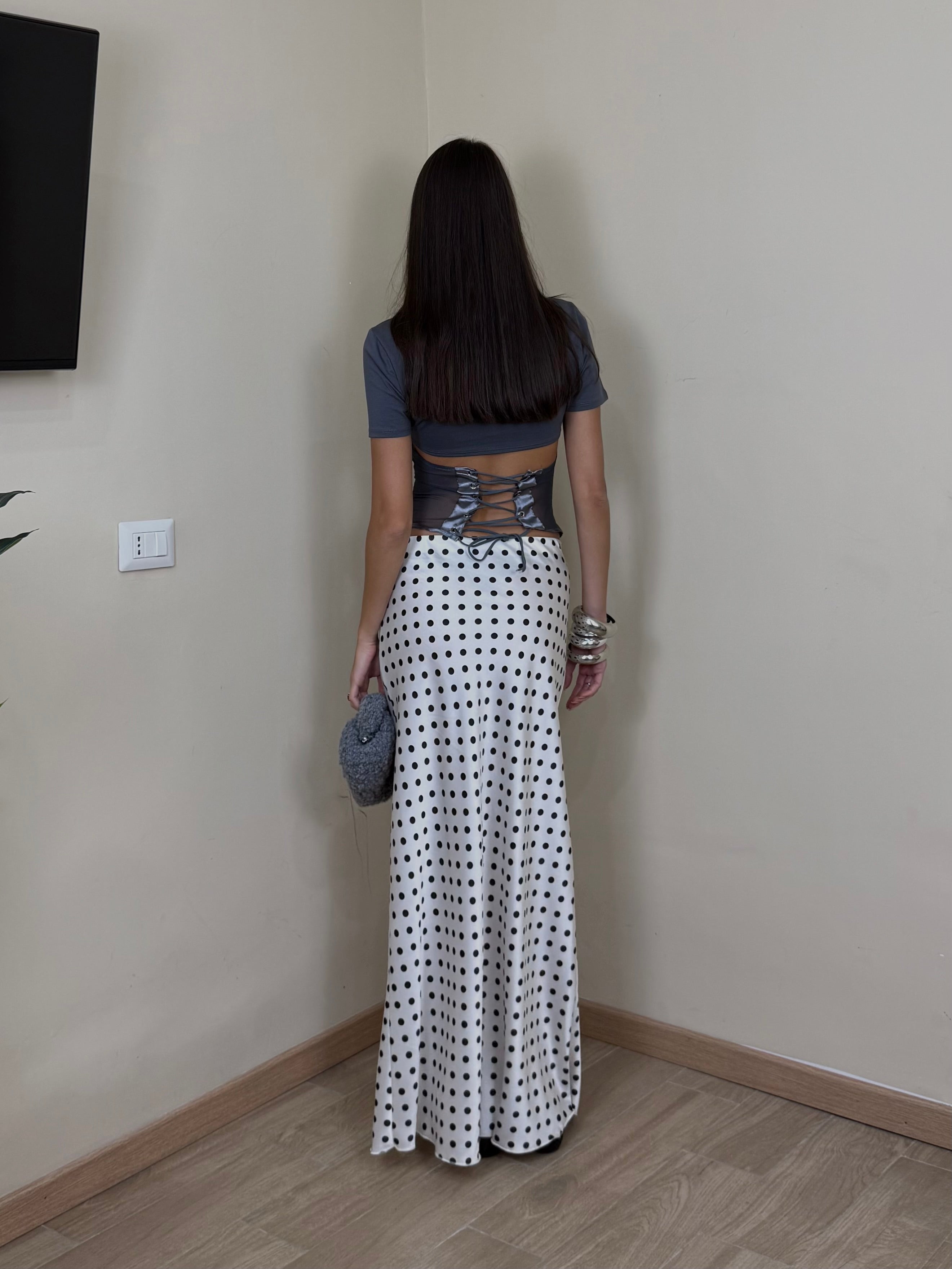 Gonna satin pois bianca