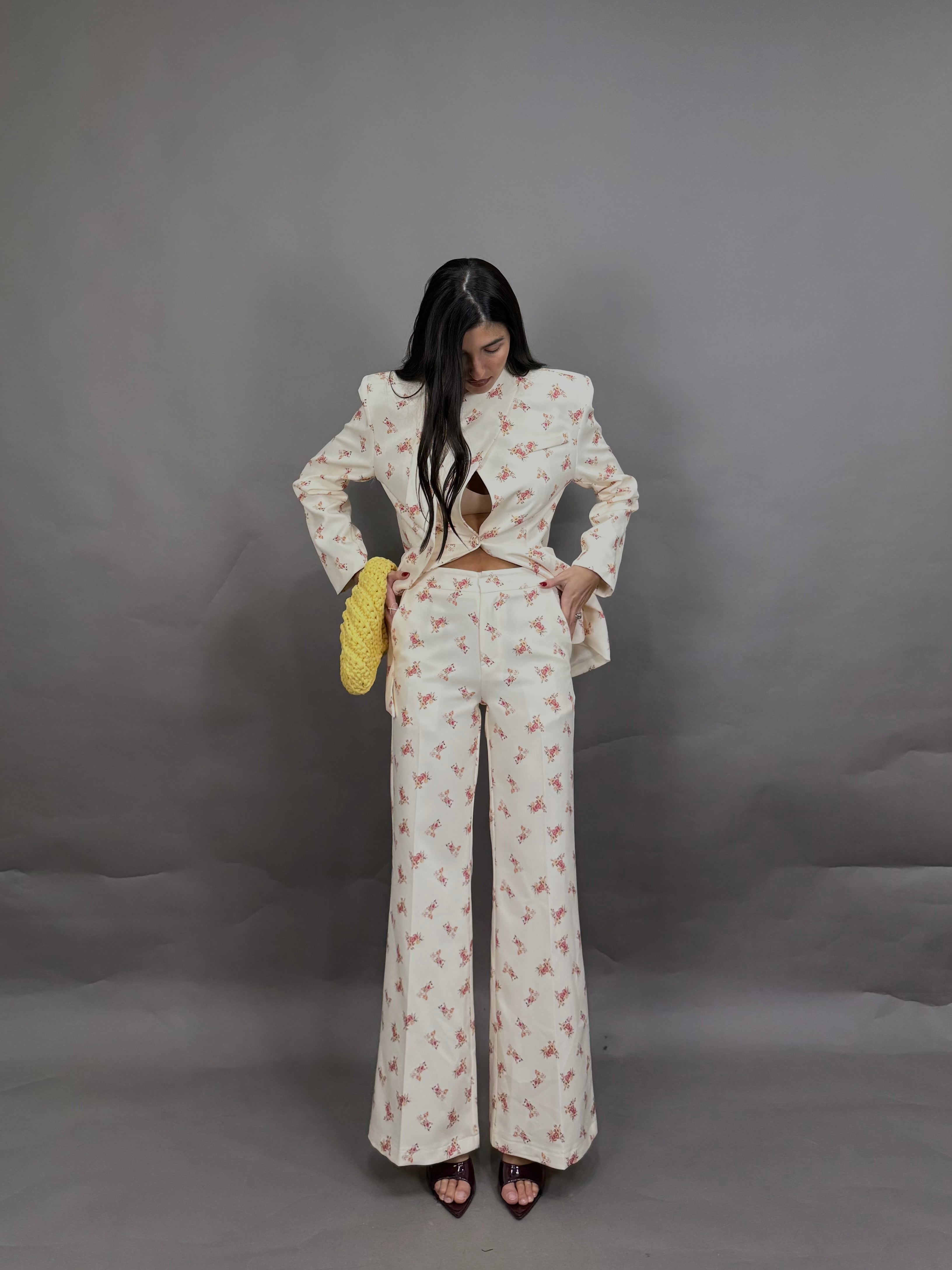 Pantaloni fiori lumina panna