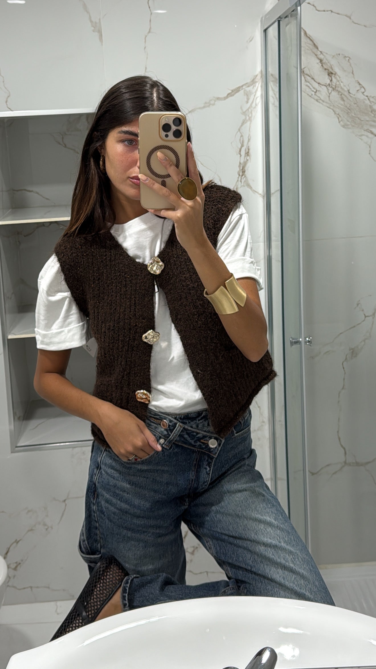 Gilet con bottone oro marrone