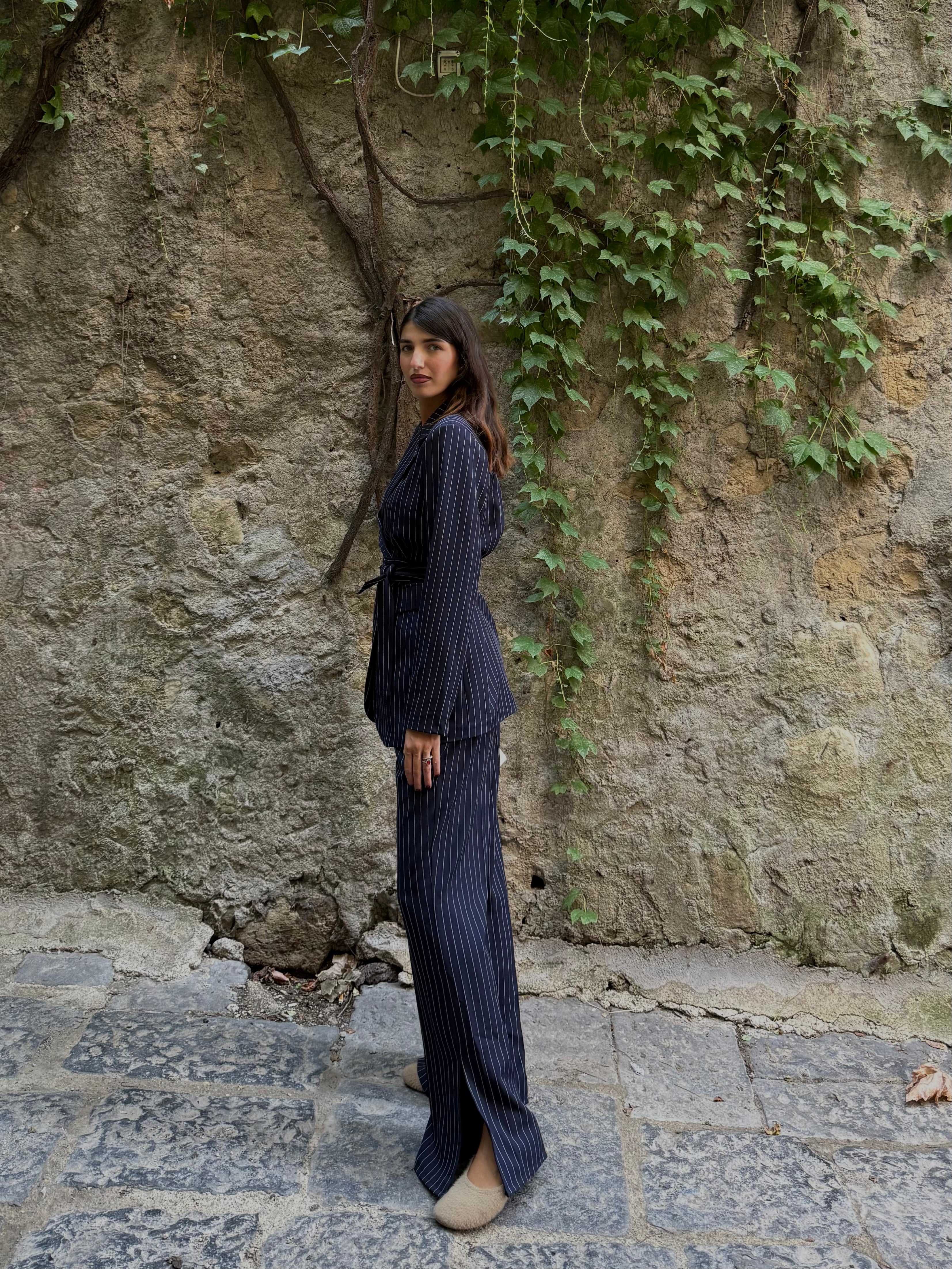 Tailleur gessato blu