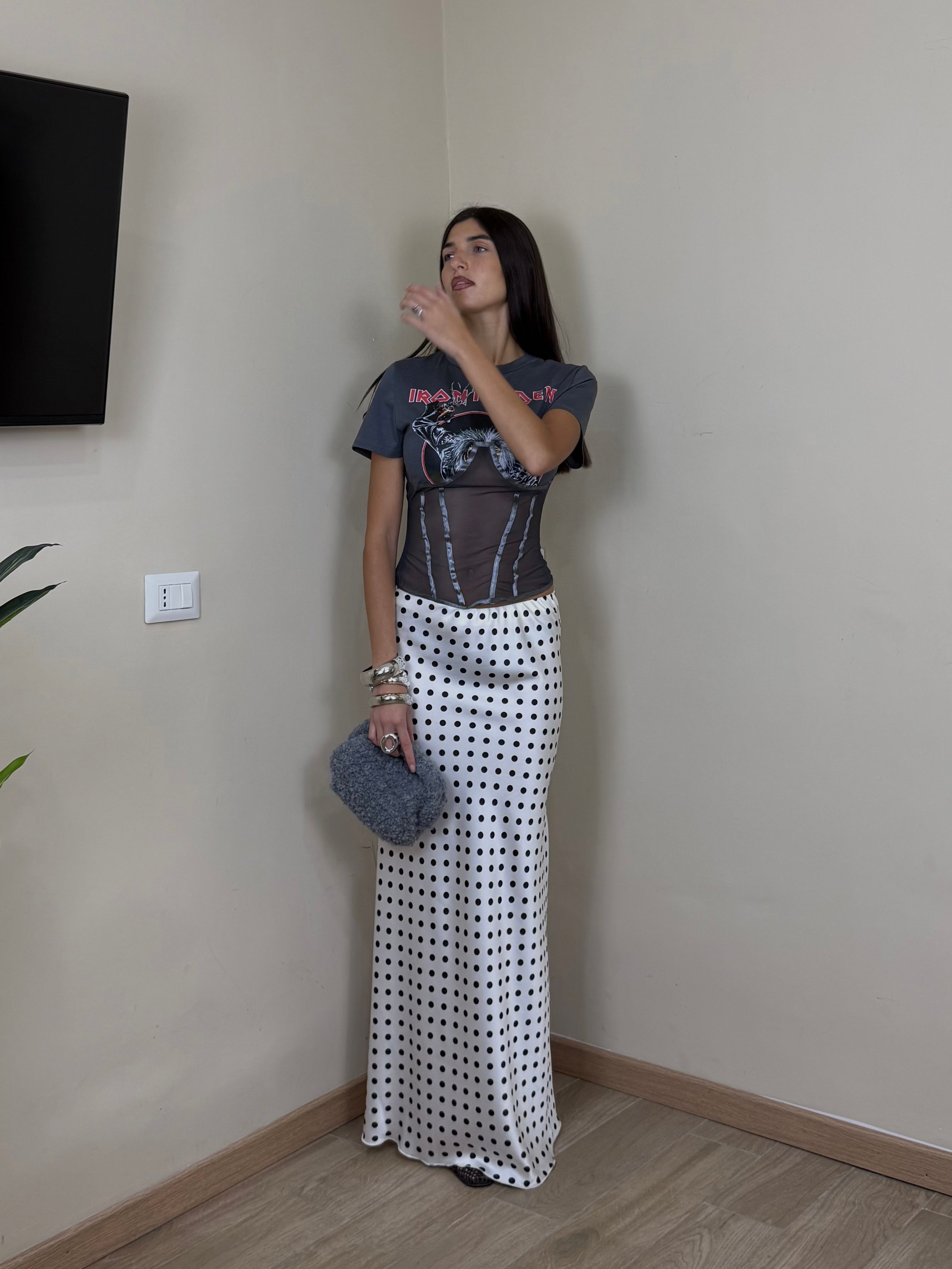 Gonna satin pois bianca