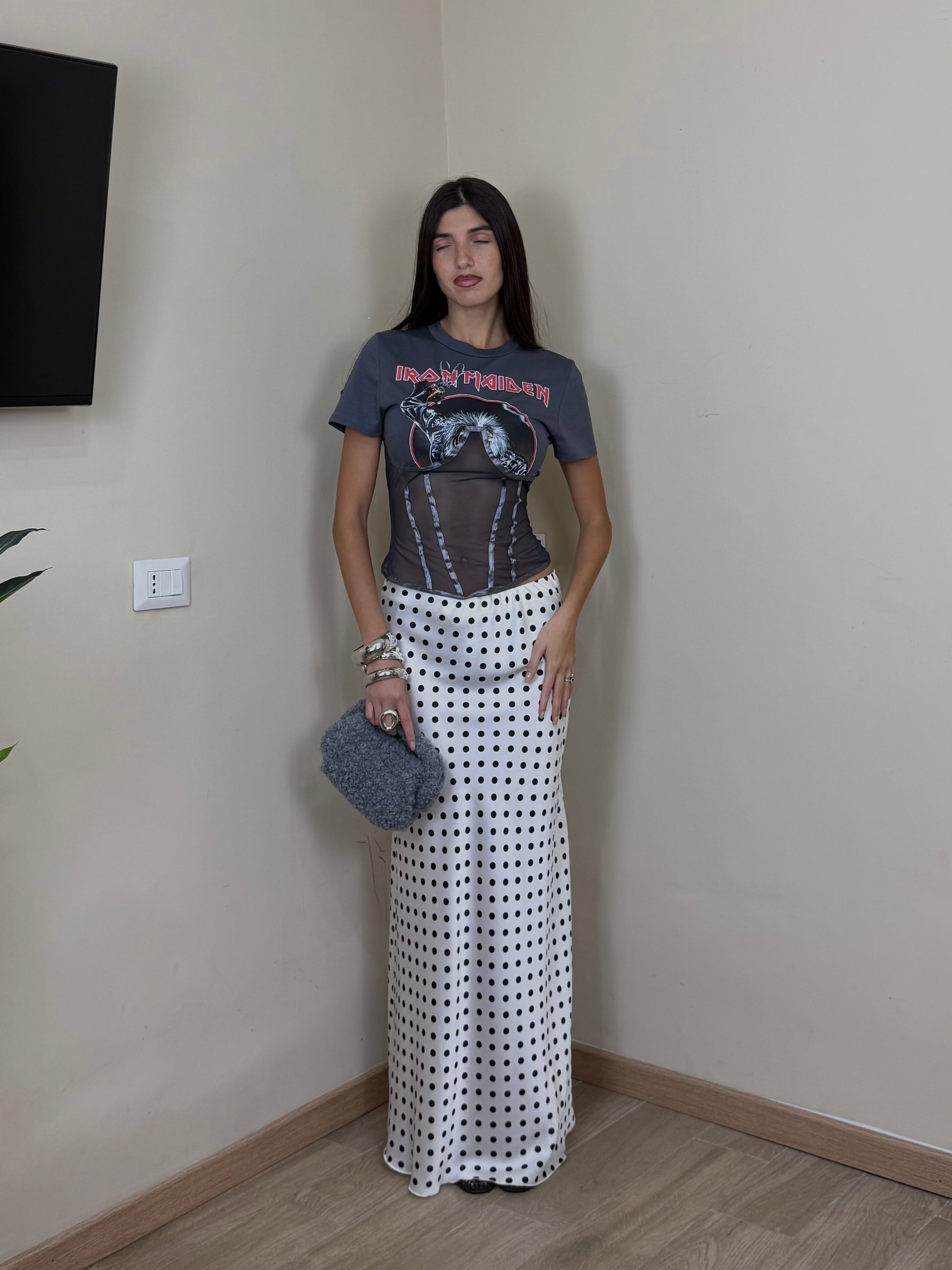 Gonna satin pois bianca