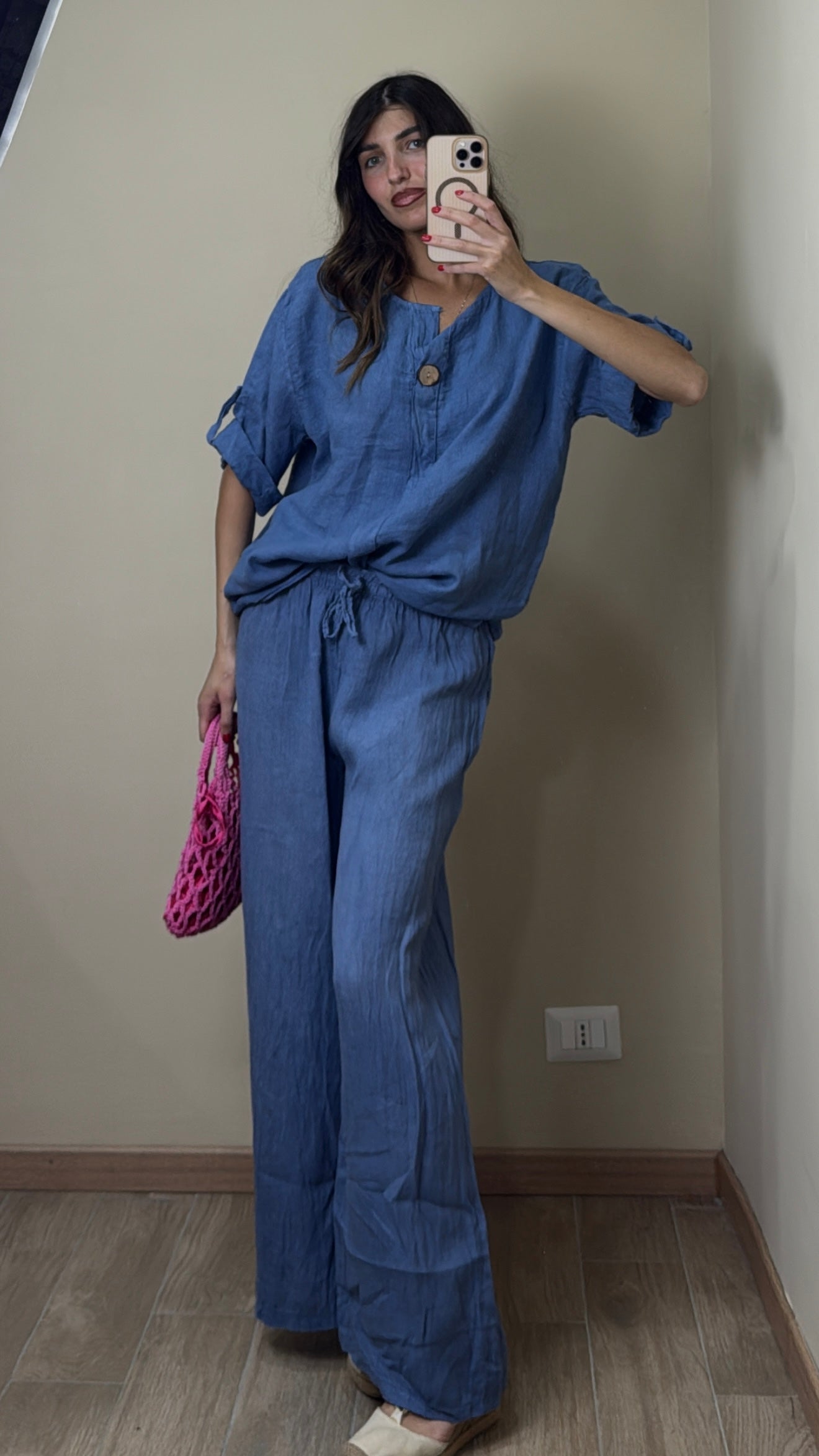 Pantalone lino blu denim