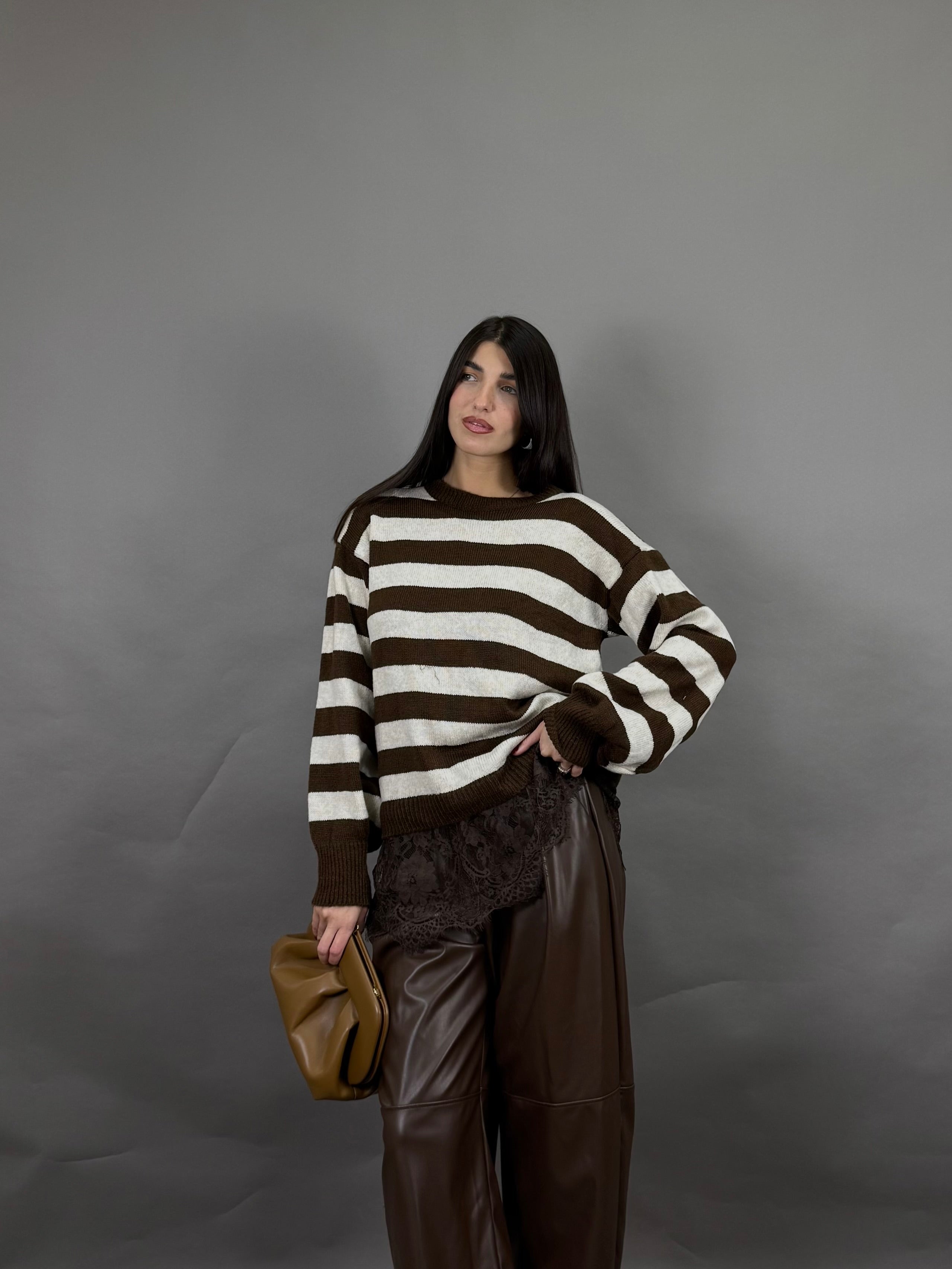 Maglione righe e pizzo marrone