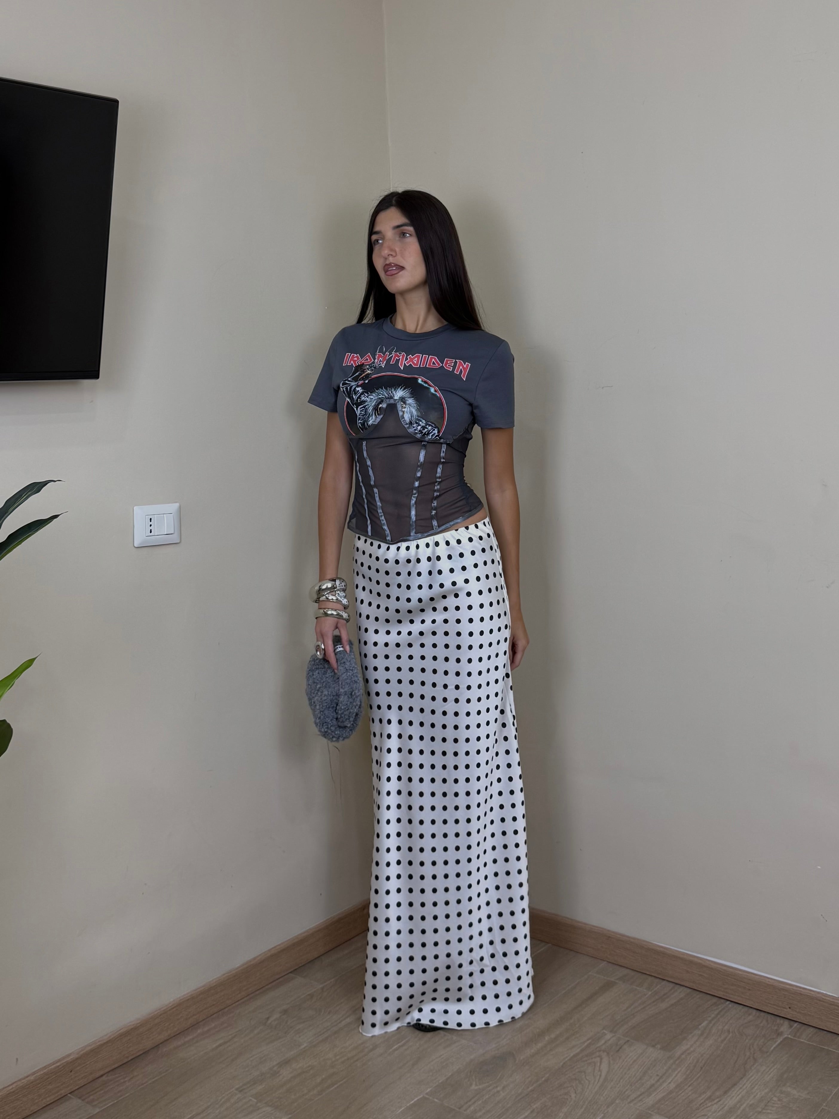 Gonna satin pois bianca