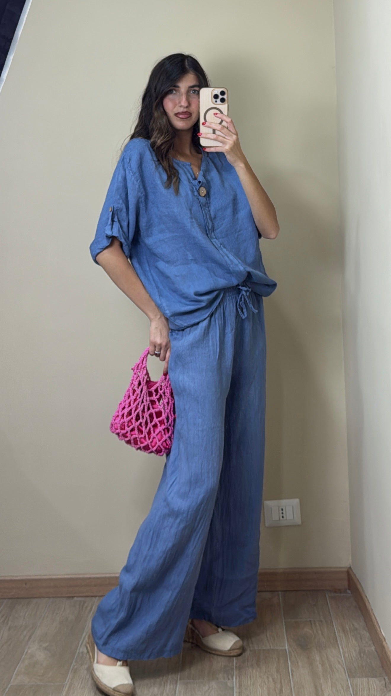 Pantalone lino blu denim