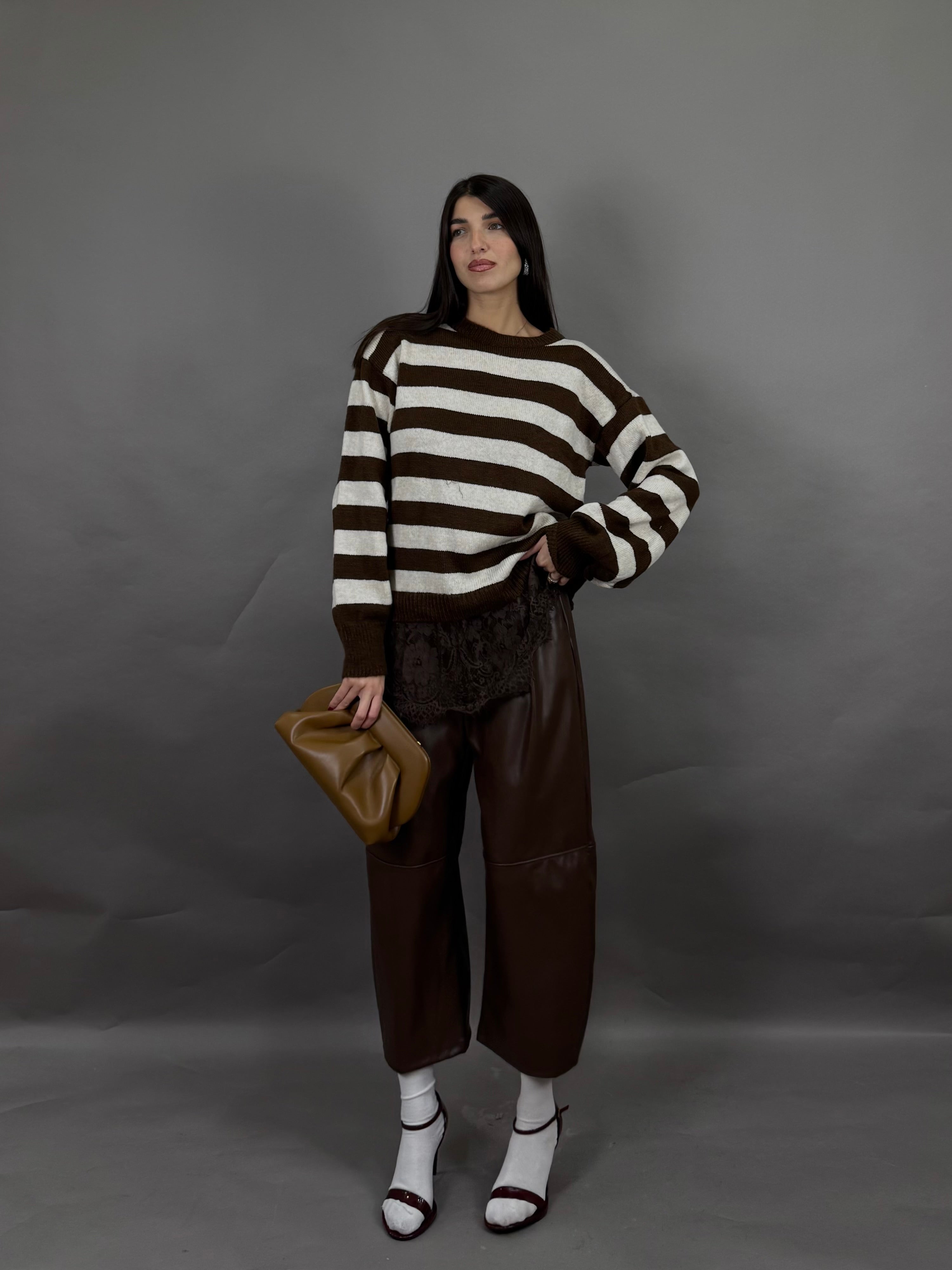Maglione righe e pizzo marrone