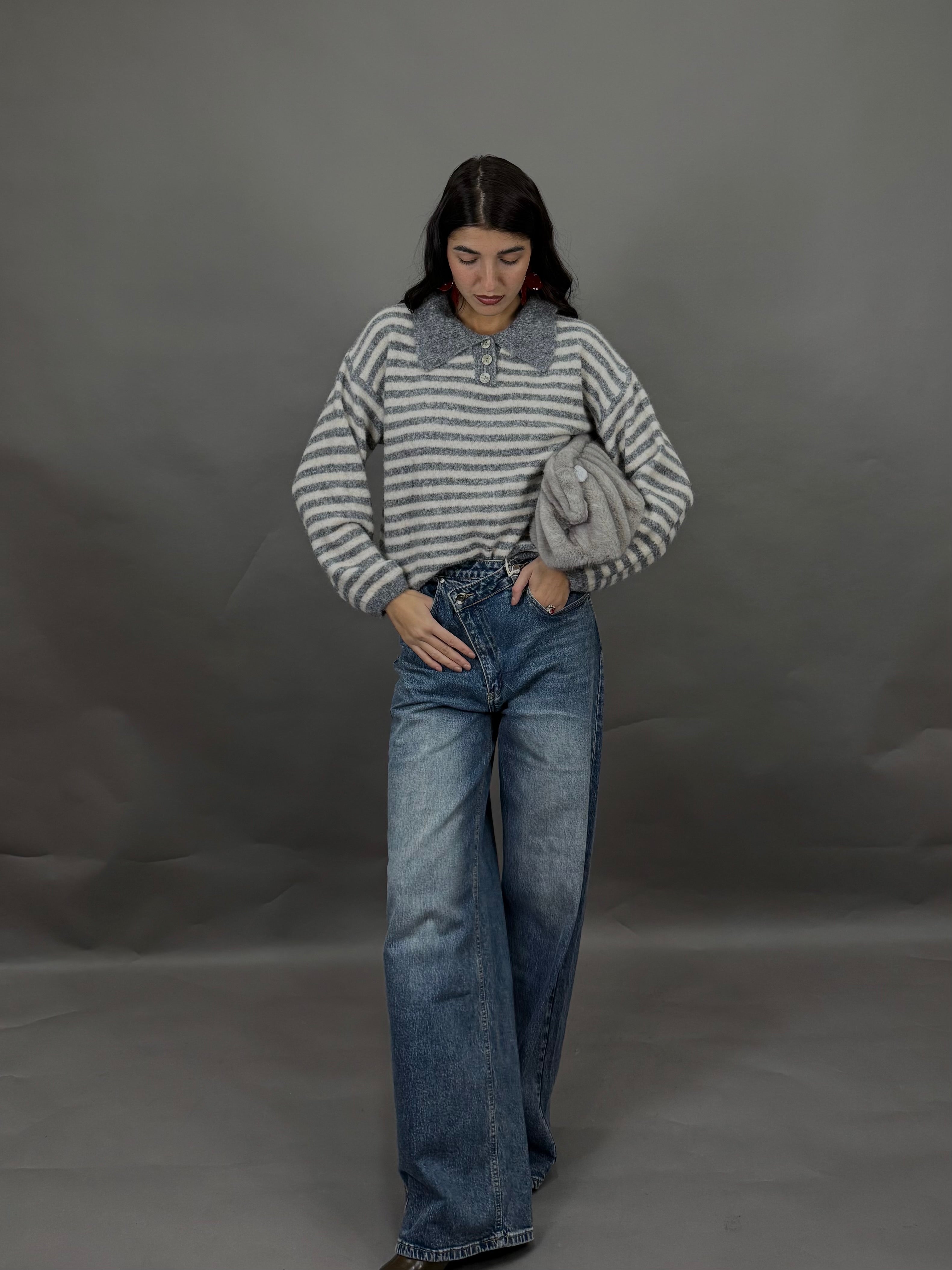 Maglione polo righe grigio