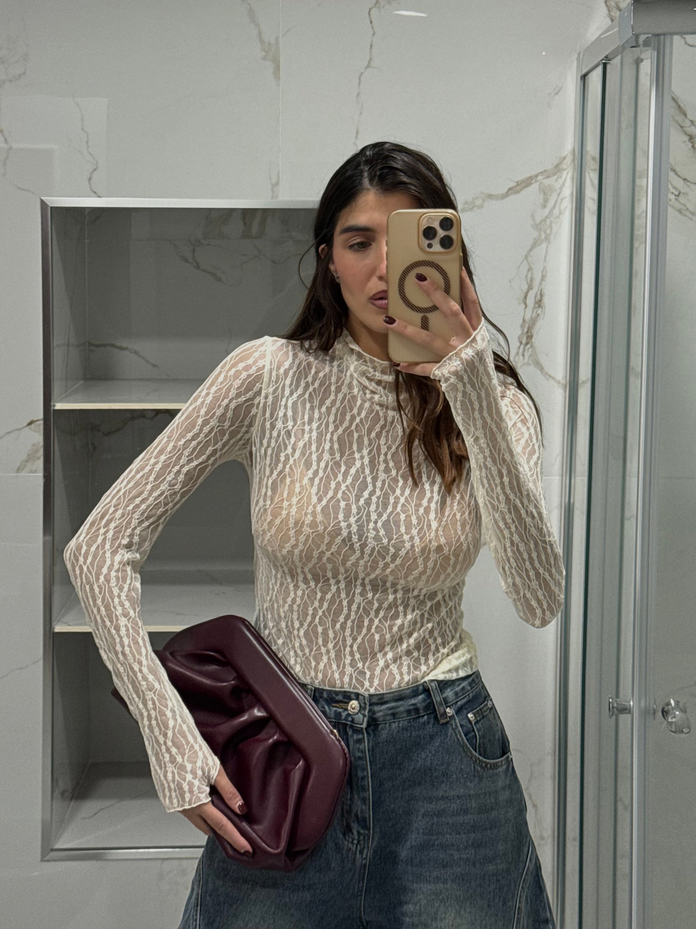 Maglia guanto pizzo panna